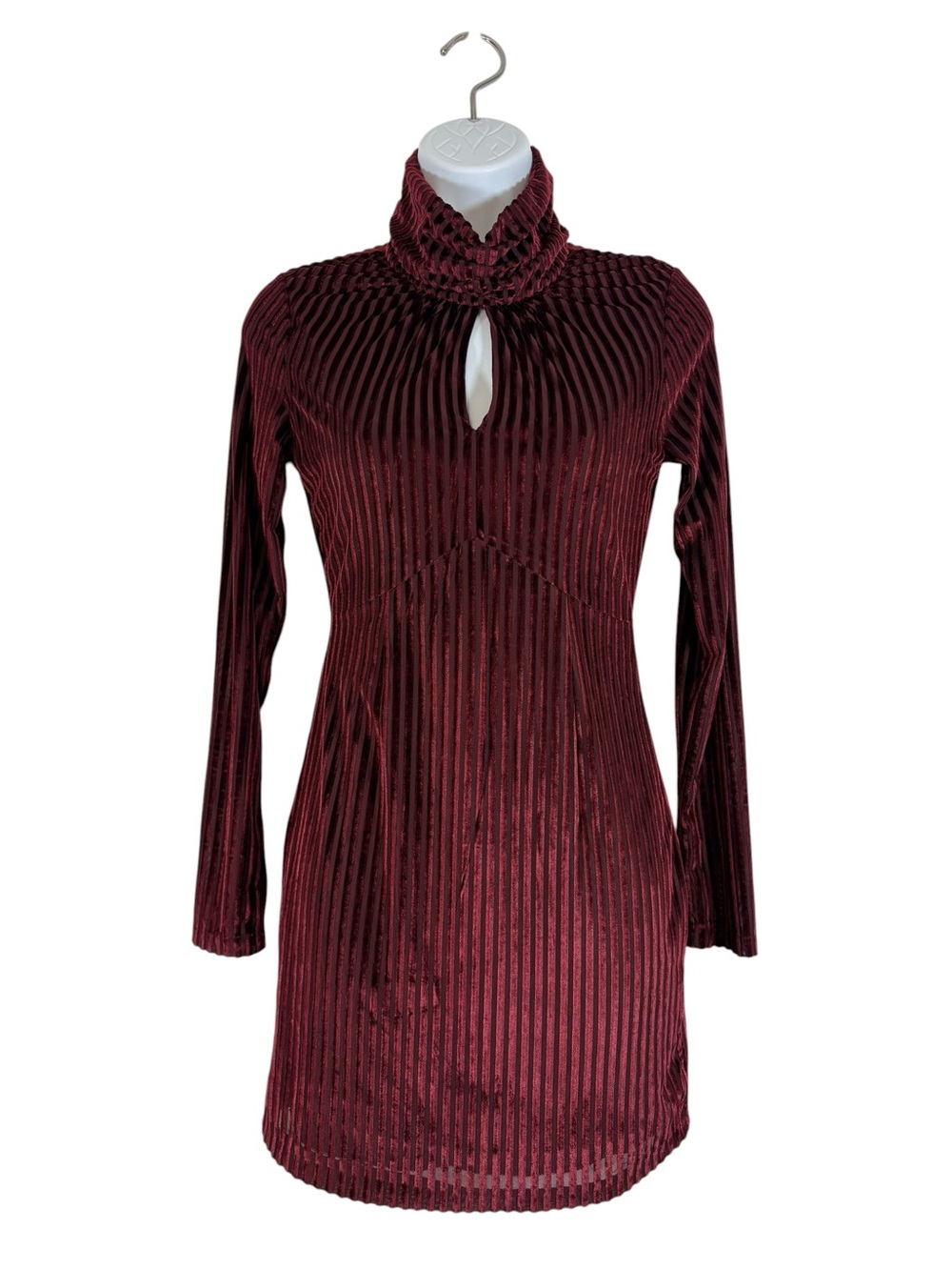 Storets Burgundy Metallic Velvet Stripe Mini Dress High Neck Long Sleeve Keyhole